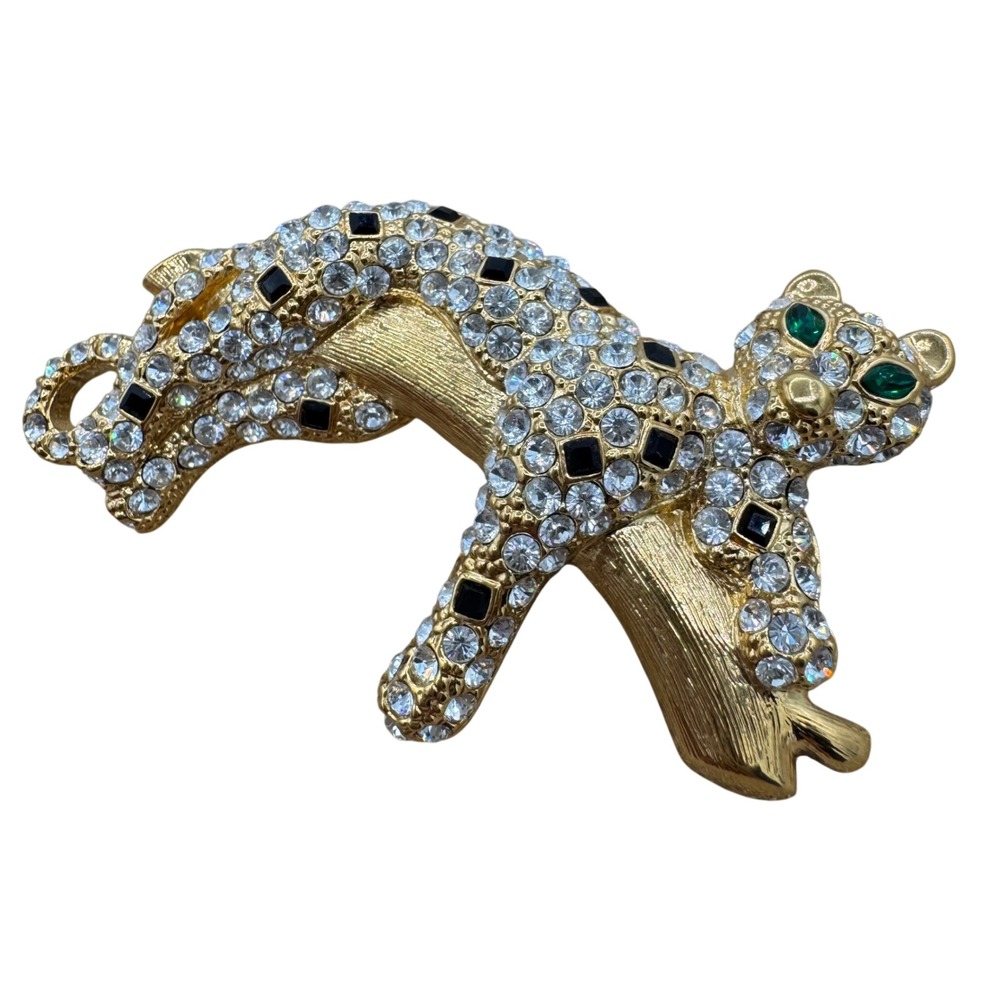 Vintage Rhinestone‎ Leopard Panther Brooch Gold Tone Pave Crystal Big Cat Pin